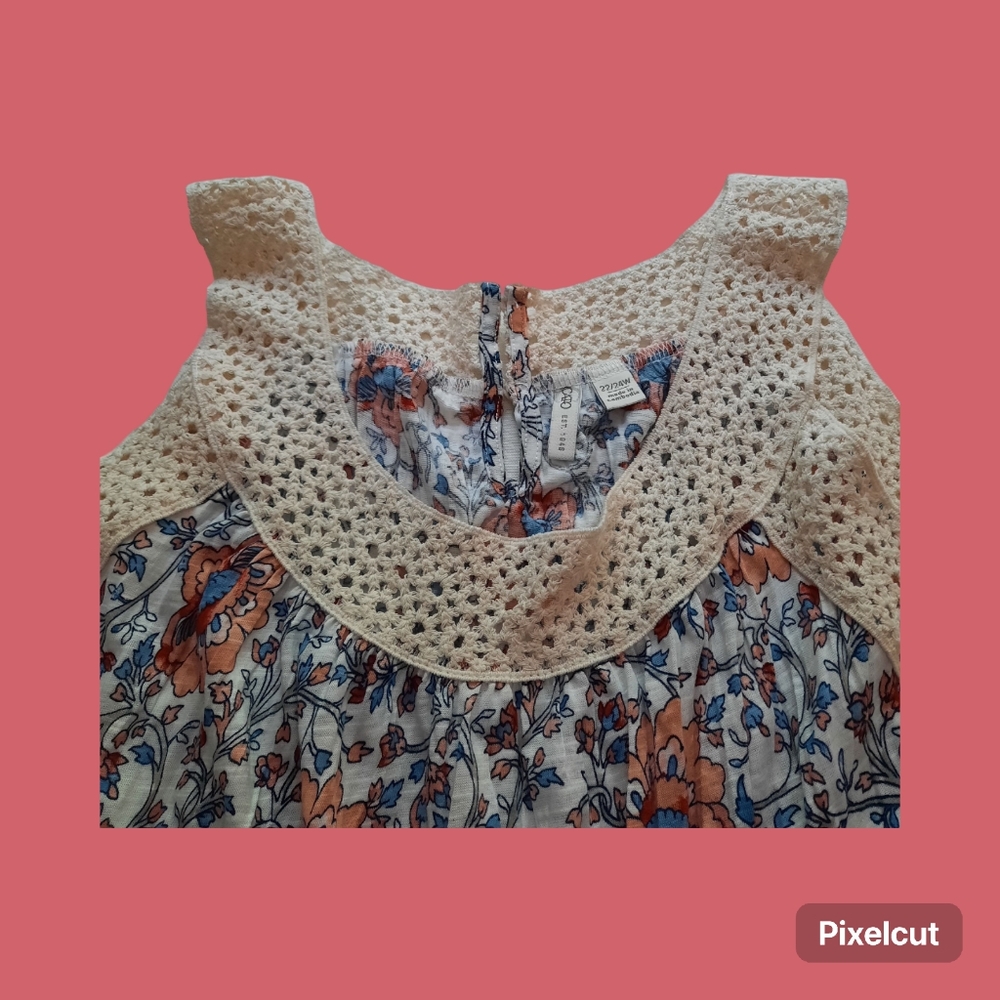 Cato Fashion Loose Fit Blue and White with Floral Tank Top with Crochet Trim. - Picture 11 of 12